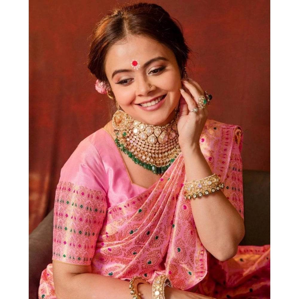 Generic Women's Soft Lichi Silk Printed Saree With Unstitched Blouse 5.5Mtr (Pink) - MYLUXURY LANE ENTERPRISE