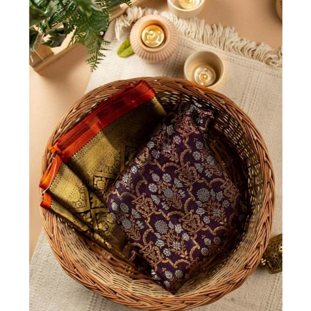 Generic Women's Soft Lichi Silk Printed Saree With Unstitched Blouse 5.5Mtr (Purple) - MYLUXURY LANE ENTERPRISE