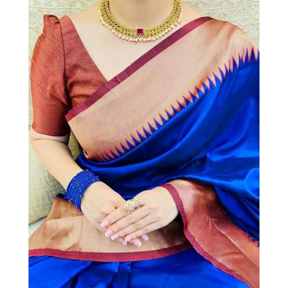 Generic Women's Soft Lichi Silk Solid Saree With Unstitched Blouse 5.5Mtr (Blue) - MYLUXURY LANE ENTERPRISE