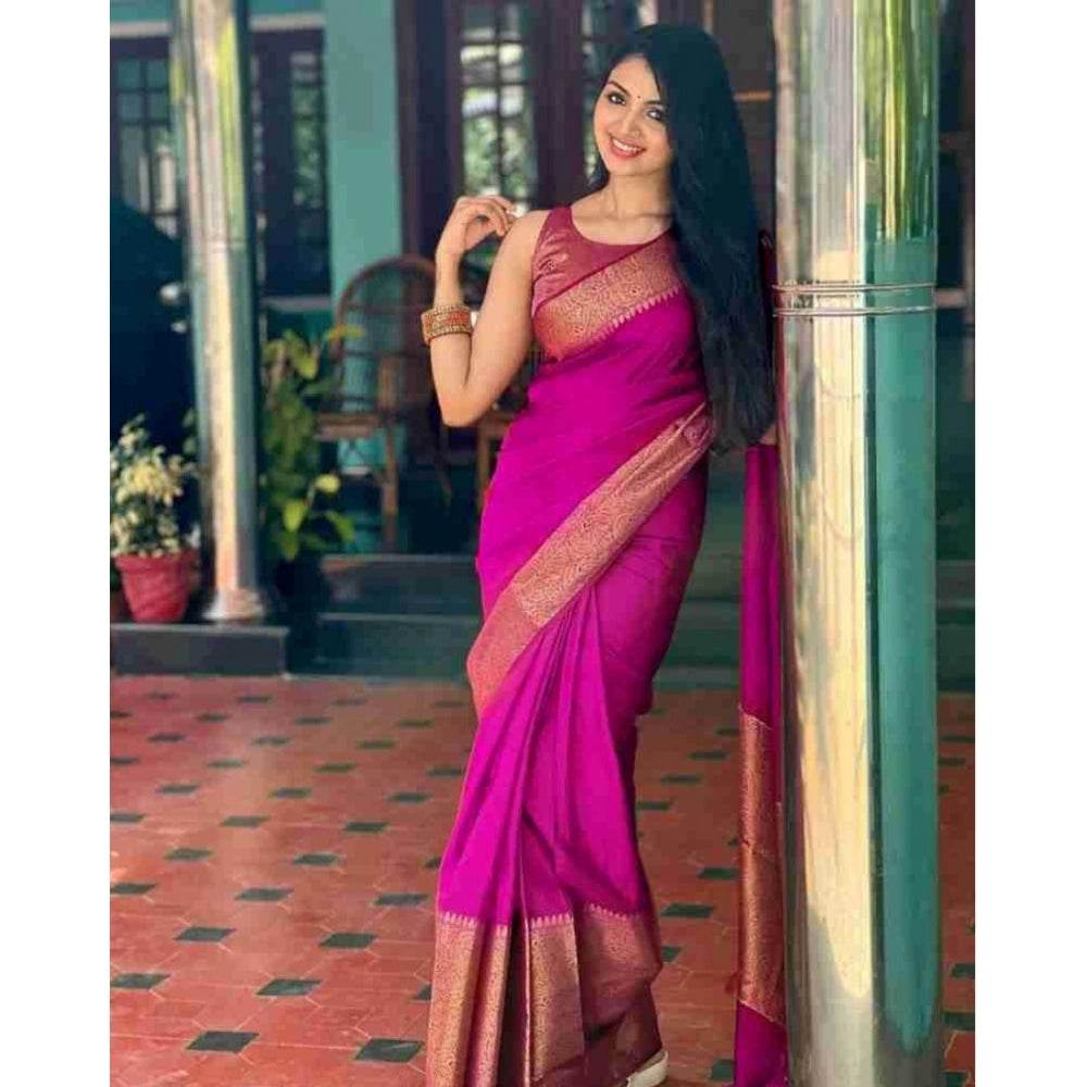 Generic Women's Soft Lichi Silk Solid Saree With Unstitched Blouse 5.5Mtr (Pink) - MYLUXURY LANE ENTERPRISE