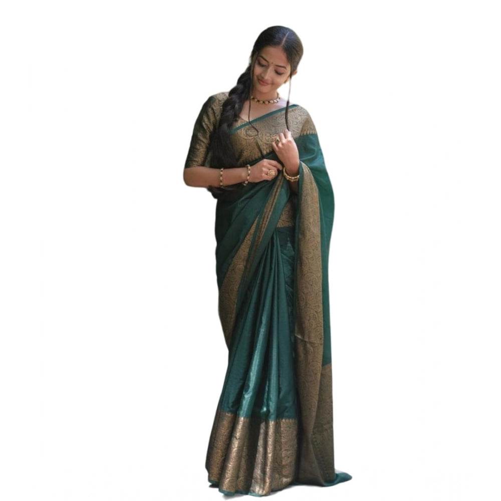 Generic Women's Soft Lichi Silk Solid Saree With Unstitched Blouse 5.5Mtr (Green) - MYLUXURY LANE ENTERPRISE