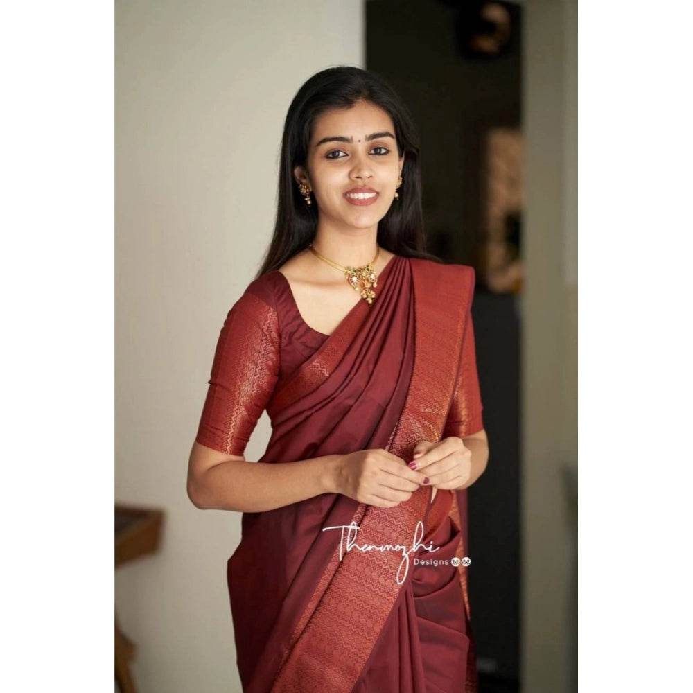 Generic Women's Soft Lichi Silk Solid Saree With Unstitched Blouse 5.5Mtr (Maroon) - MYLUXURY LANE ENTERPRISE