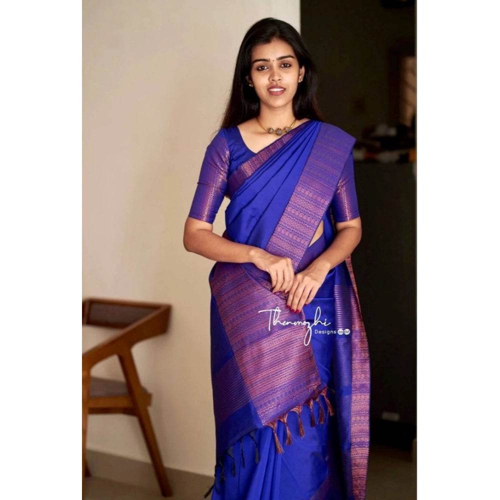 Generic Women's Soft Lichi Silk Solid Saree With Unstitched Blouse 5.5Mtr (Blue) - MYLUXURY LANE ENTERPRISE