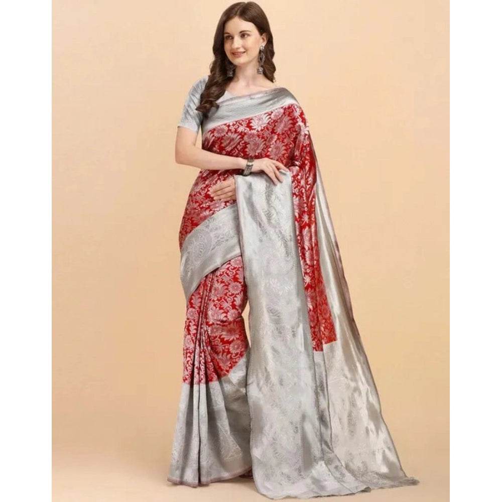 Generic Women's Soft Lichi Silk Printed Saree With Unstitched Blouse 5.5Mtr (Red) - MYLUXURY LANE ENTERPRISE