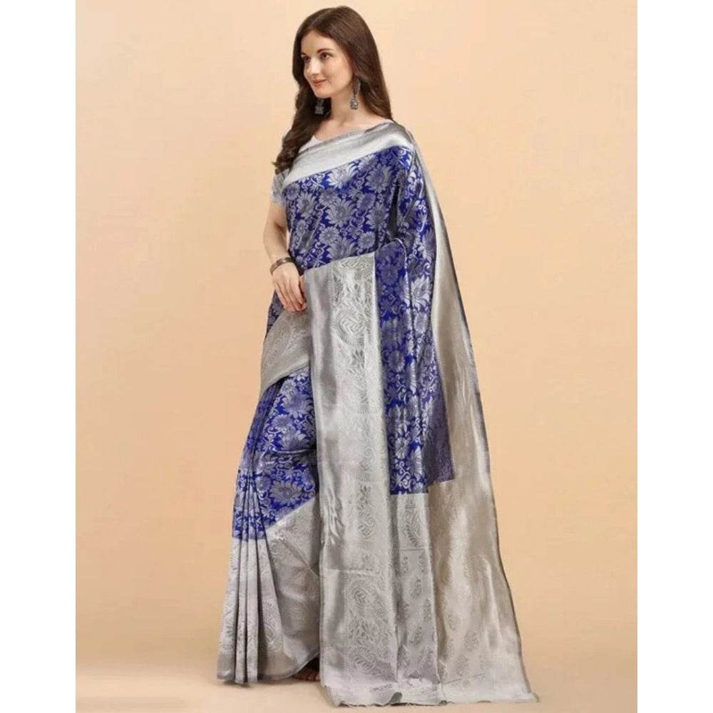Generic Women's Soft Lichi Silk Printed Saree With Unstitched Blouse 5.5Mtr (Blue) - MYLUXURY LANE ENTERPRISE
