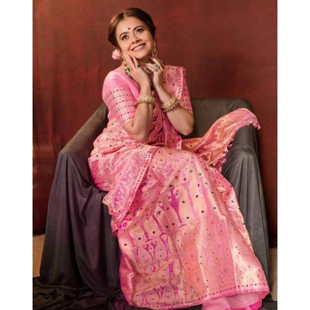 Generic Women's Soft Lichi Silk Printed Saree With Unstitched Blouse 5.5Mtr (Pink) - MYLUXURY LANE ENTERPRISE