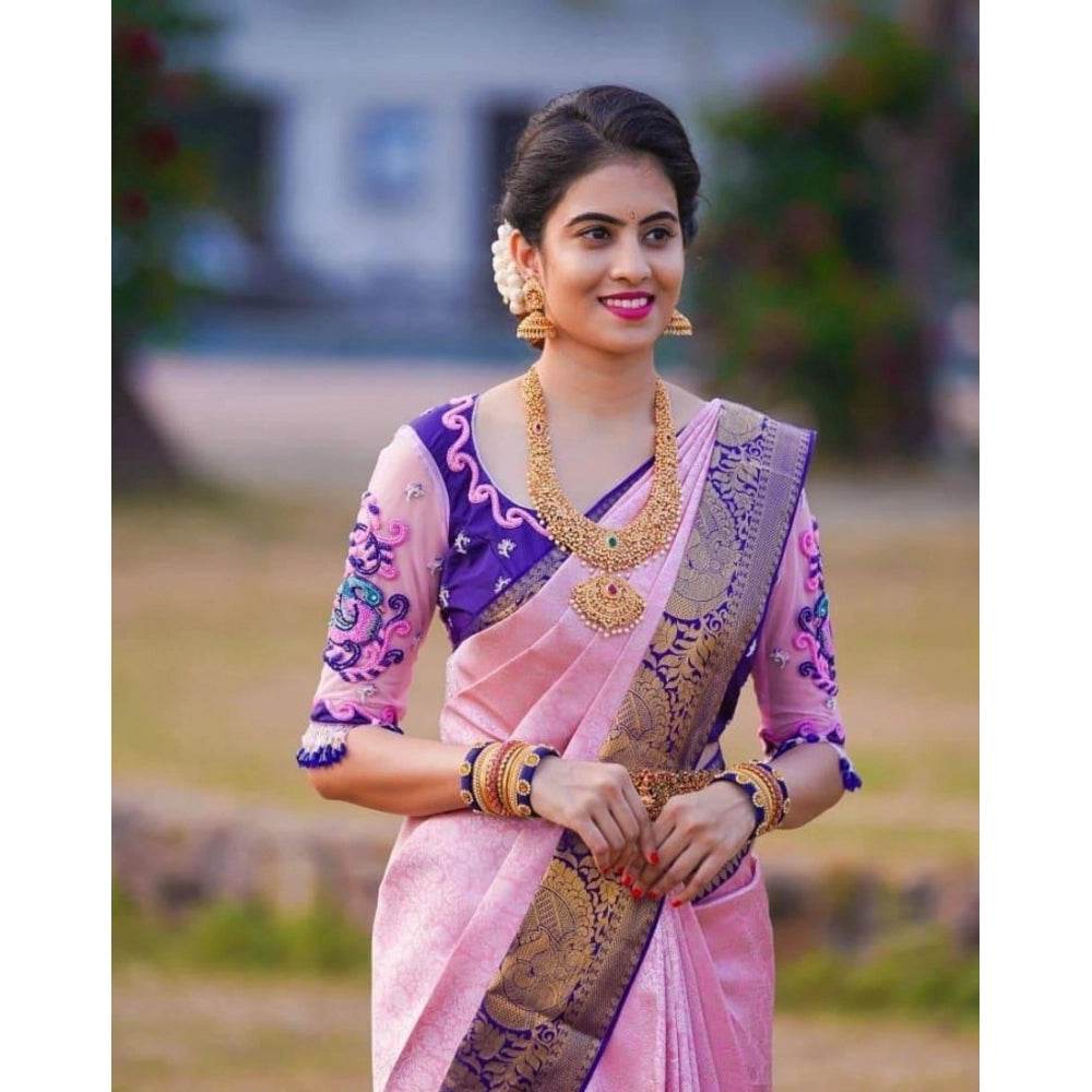 Generic Women's Soft Lichi Silk Printed Saree With Unstitched Blouse 5.5Mtr (Purple) - MYLUXURY LANE ENTERPRISE