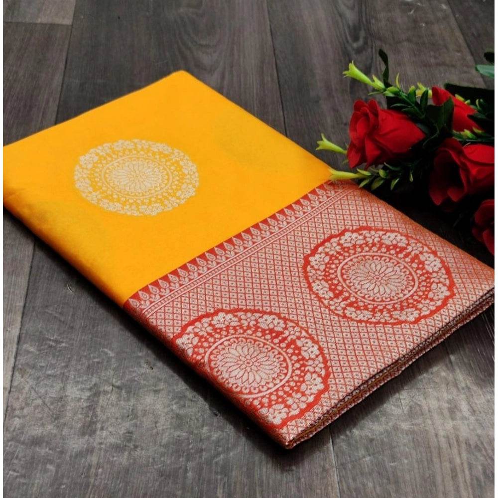 Generic Women's Soft Lichi Silk Printed Saree With Unstitched Blouse 5.5Mtr (Yellow) - MYLUXURY LANE ENTERPRISE