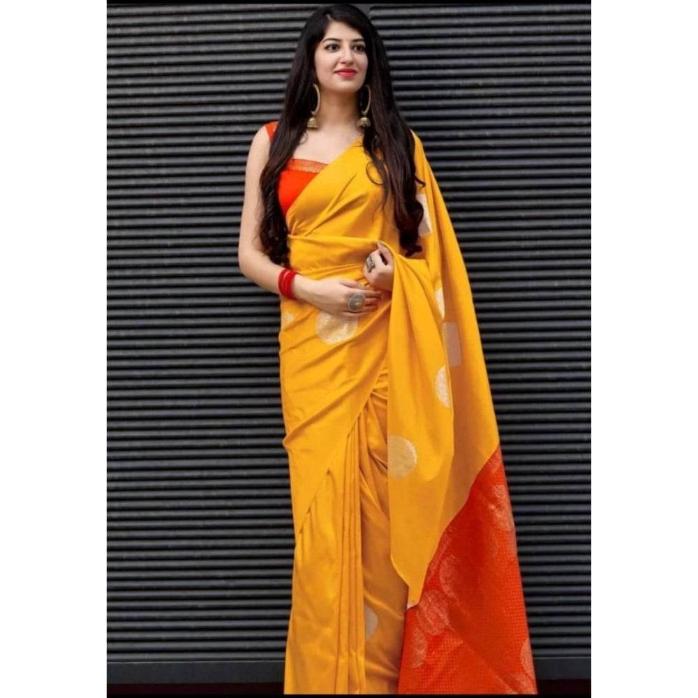 Generic Women's Soft Lichi Silk Printed Saree With Unstitched Blouse 5.5Mtr (Yellow) - MYLUXURY LANE ENTERPRISE