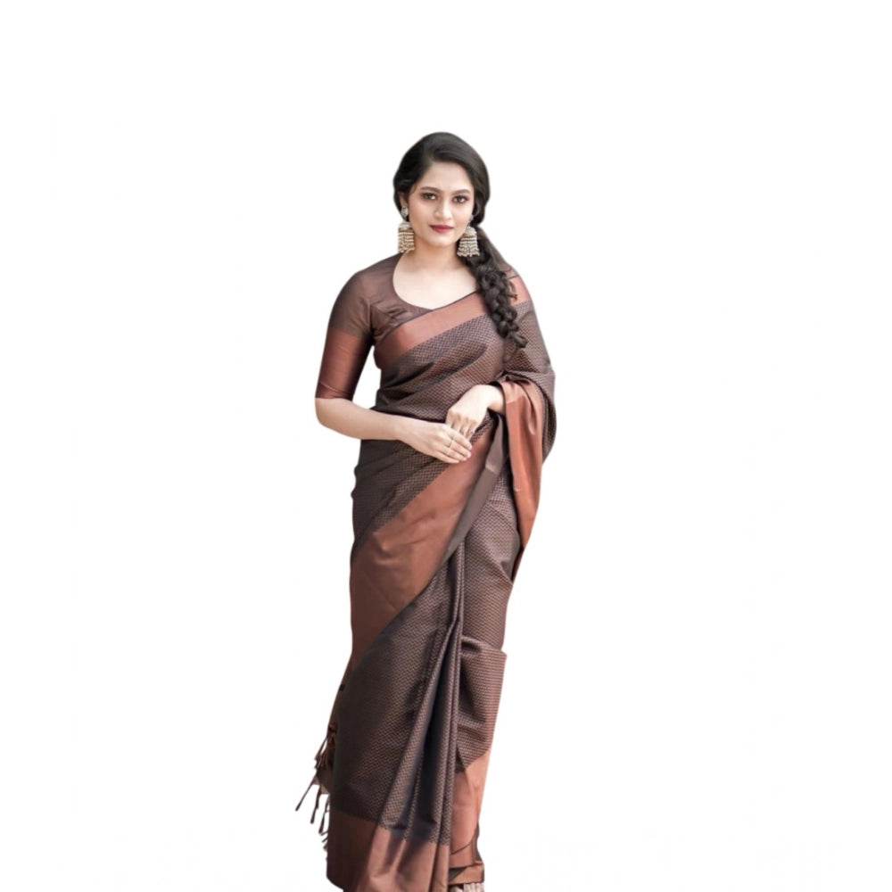 Generic Women's Soft Lichi Silk Printed Saree With Unstitched Blouse 5.5Mtr (Brown) - MYLUXURY LANE ENTERPRISE