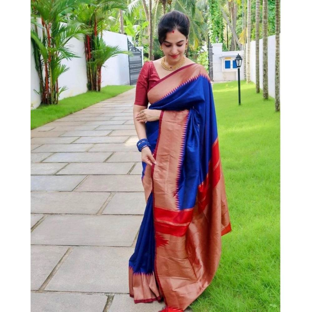 Generic Women's Soft Lichi Silk Solid Saree With Unstitched Blouse 5.5Mtr (Blue) - MYLUXURY LANE ENTERPRISE