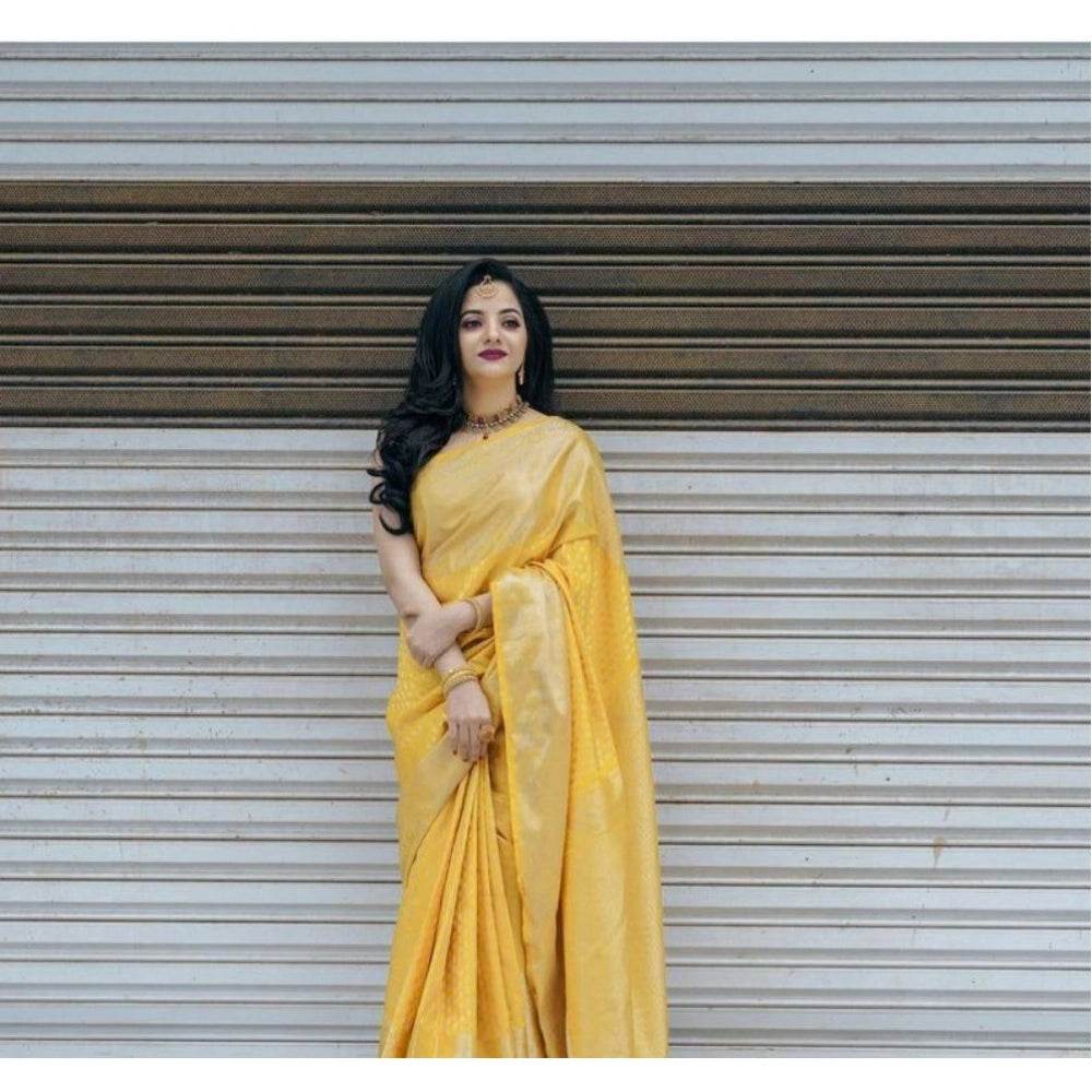 Generic Women's Soft Lichi Silk Printed Saree With Unstitched Blouse 5.5Mtr (Yellow) - MYLUXURY LANE ENTERPRISE