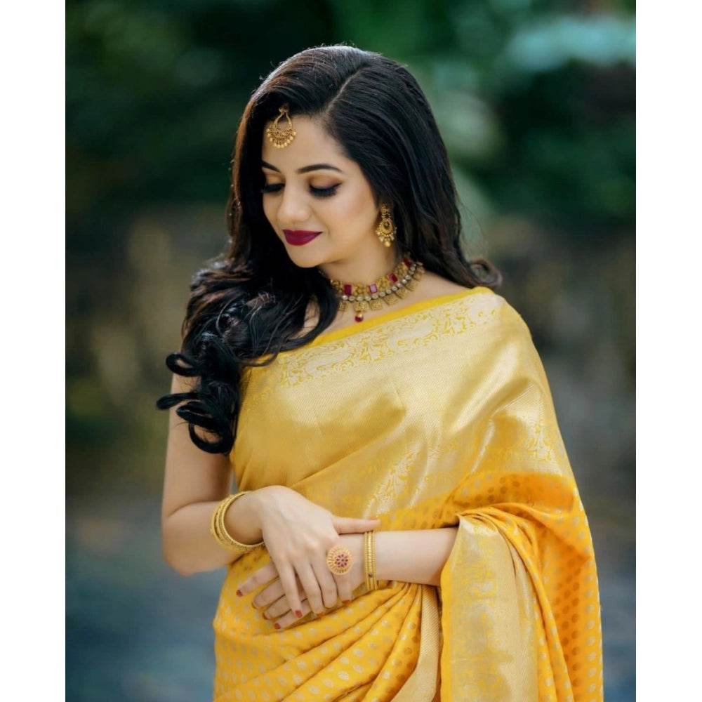 Generic Women's Soft Lichi Silk Printed Saree With Unstitched Blouse 5.5Mtr (Yellow) - MYLUXURY LANE ENTERPRISE