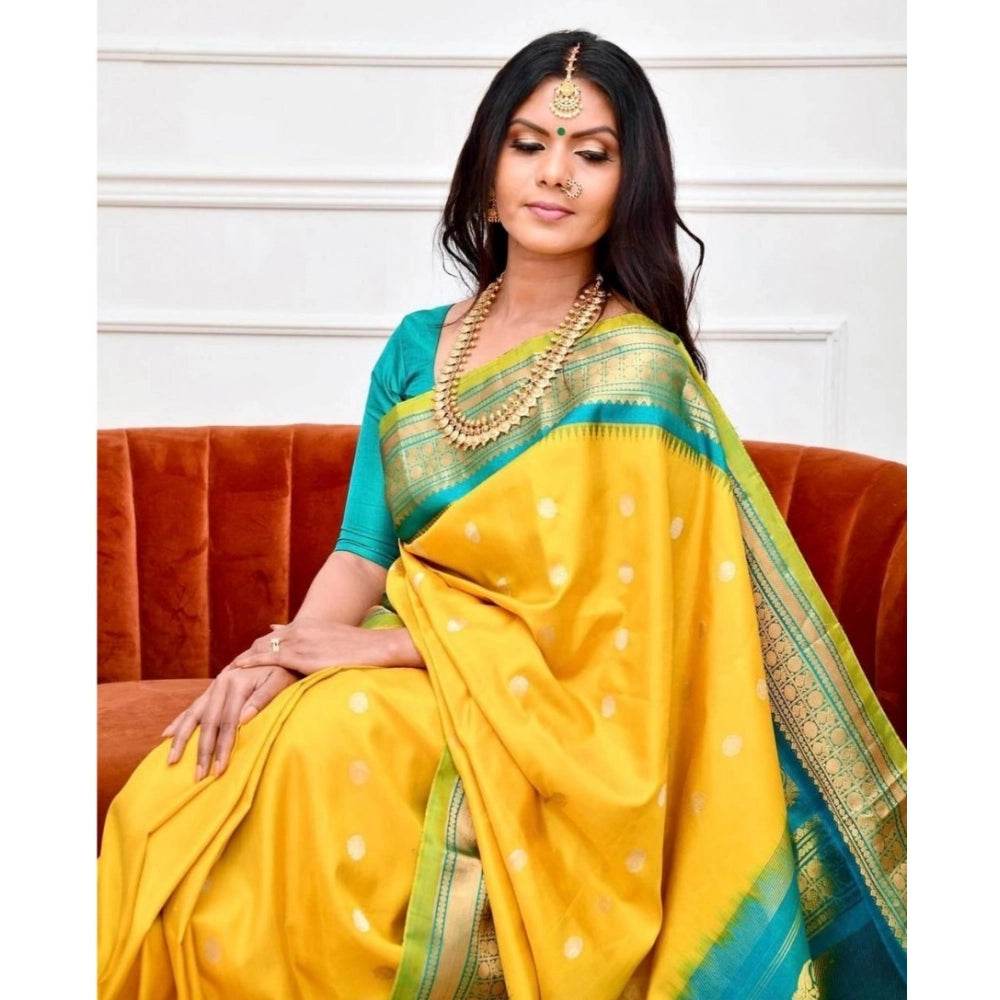 Generic Women's Soft Lichi Silk Printed Saree With Unstitched Blouse 5.5Mtr (Yellow) - MYLUXURY LANE ENTERPRISE