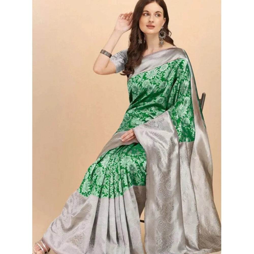Generic Women's Soft Lichi Silk Printed Saree With Unstitched Blouse 5.5Mtr (Green) - MYLUXURY LANE ENTERPRISE