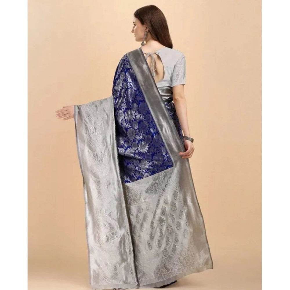 Generic Women's Soft Lichi Silk Printed Saree With Unstitched Blouse 5.5Mtr (Blue) - MYLUXURY LANE ENTERPRISE