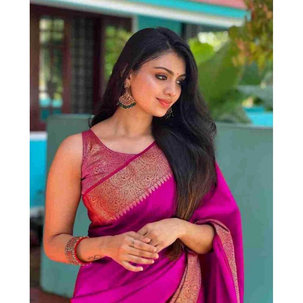 Generic Women's Soft Lichi Silk Solid Saree With Unstitched Blouse 5.5Mtr (Pink) - MYLUXURY LANE ENTERPRISE