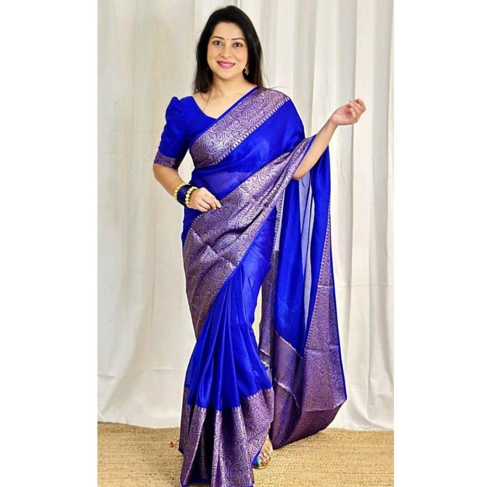 Generic Women's Soft Lichi Silk Solid Saree With Unstitched Blouse 5.5Mtr (Blue) - MYLUXURY LANE ENTERPRISE