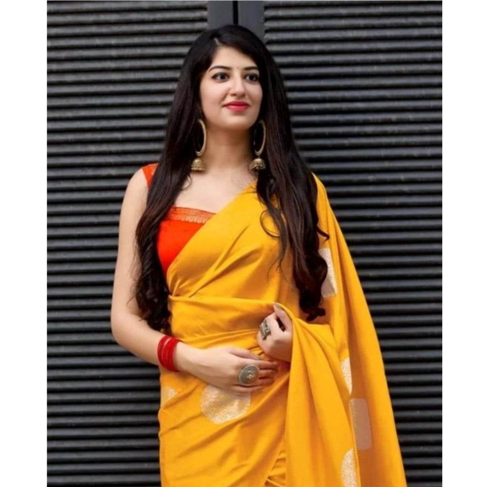 Generic Women's Soft Lichi Silk Printed Saree With Unstitched Blouse 5.5Mtr (Yellow) - MYLUXURY LANE ENTERPRISE