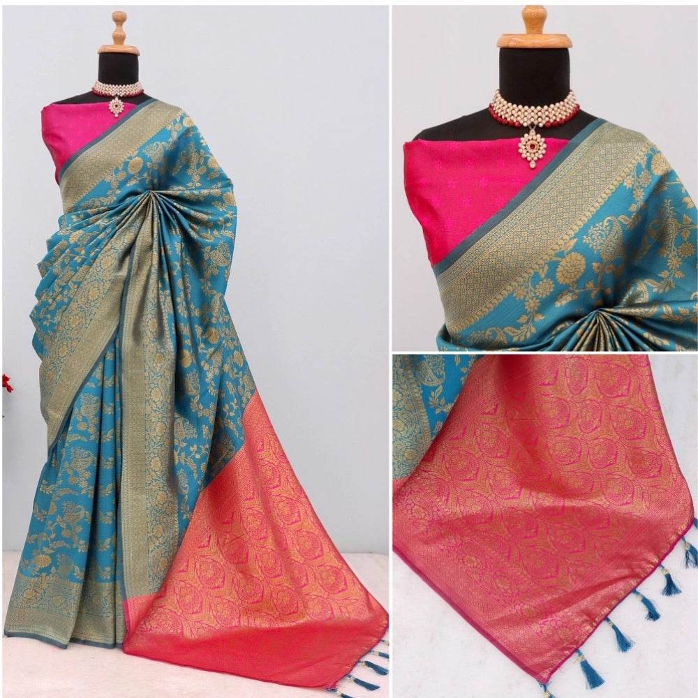 Generic Women's Banarasi Printed Saree With Unstitched Blouse 5.5Mtr (Aqua Blue) - MYLUXURY LANE ENTERPRISE