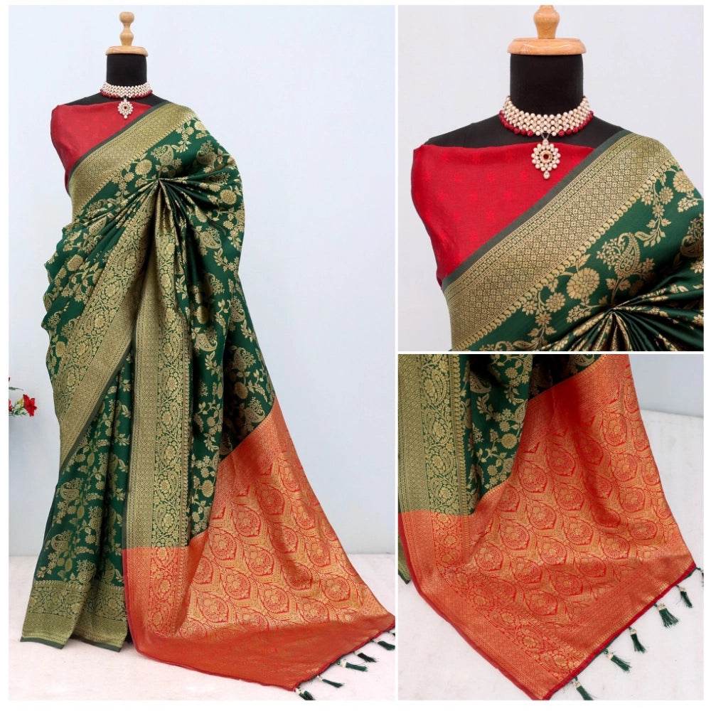 Generic Women's Banarasi Printed Saree With Unstitched Blouse 5.5Mtr (Green) - MYLUXURY LANE ENTERPRISE