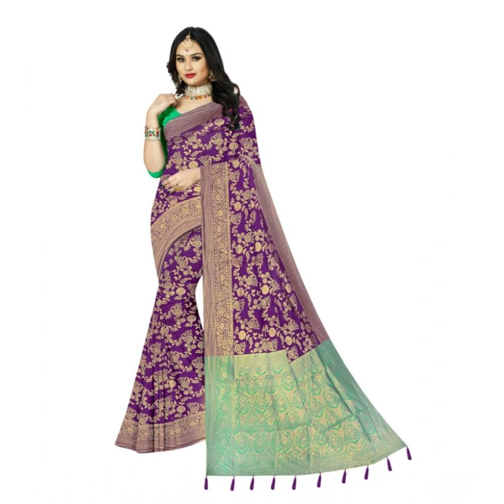 Generic Women's Banarasi Printed Saree With Unstitched Blouse 5.5Mtr (Purple) - MYLUXURY LANE ENTERPRISE