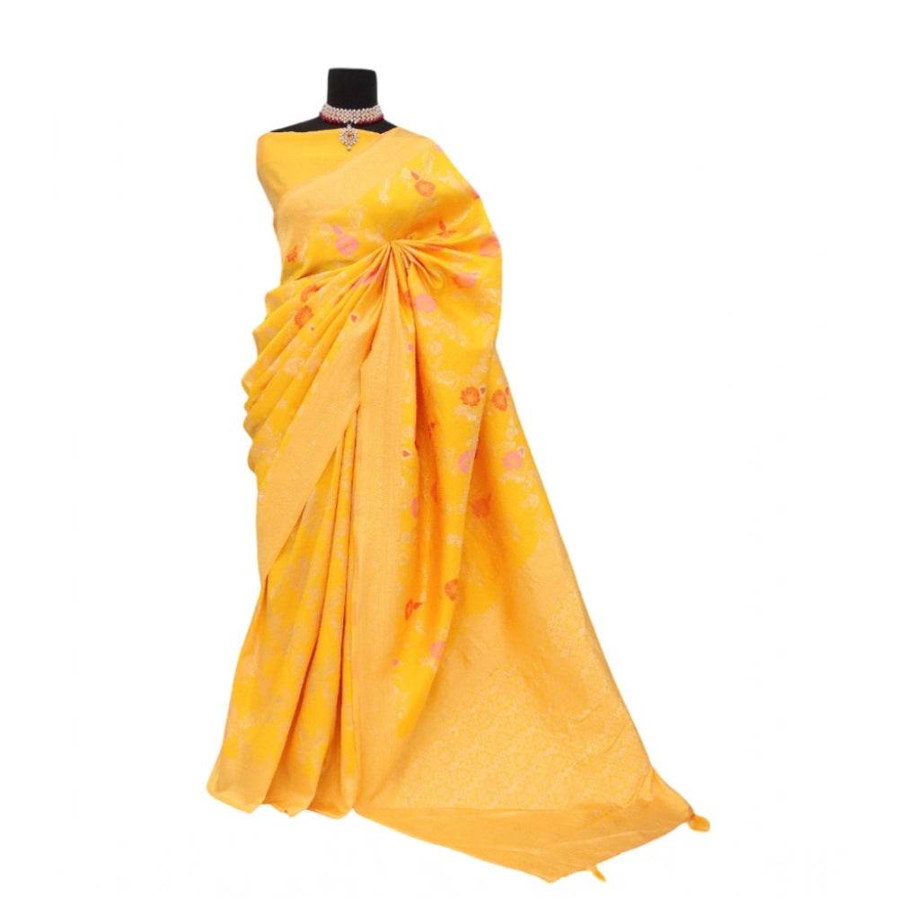 Generic Women's Banarasi Printed Saree With Unstitched Blouse 5.5Mtr (Yellow) - MYLUXURY LANE ENTERPRISE