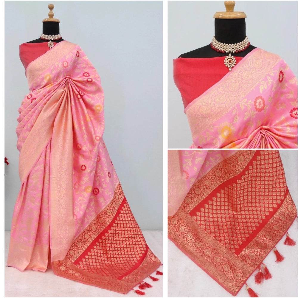 Generic Women's Banarasi Printed Saree With Unstitched Blouse 5.5Mtr (Pink) - MYLUXURY LANE ENTERPRISE