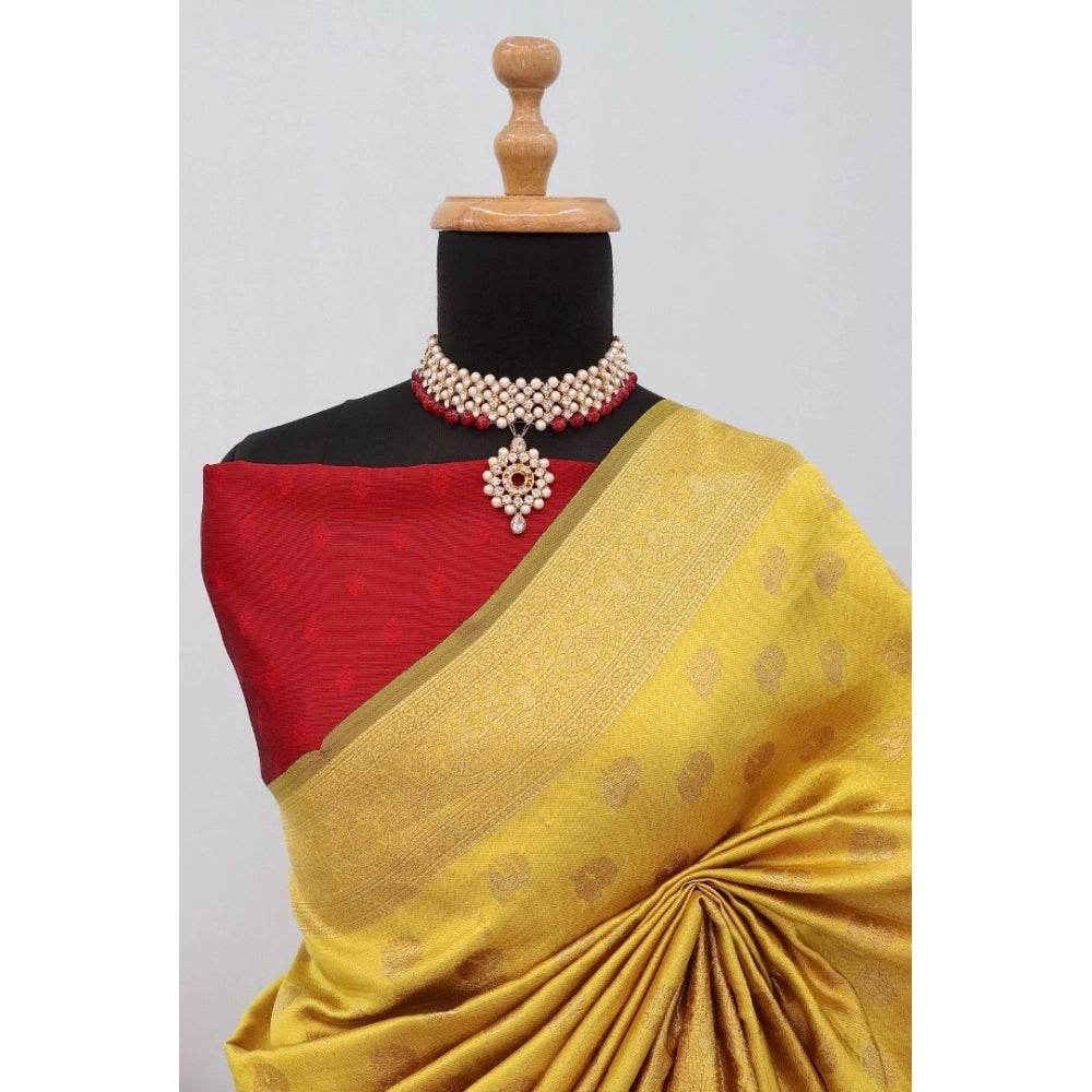 Generic Women's Banarasi Printed Saree With Unstitched Blouse 5.5Mtr (Yellow) - MYLUXURY LANE ENTERPRISE
