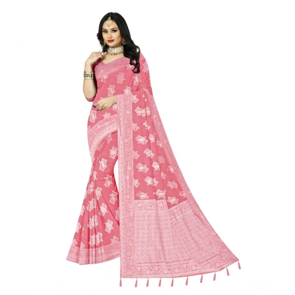 Generic Women's Cotton Printed Saree With Unstitched Blouse 5.5Mtr (Peach) - MYLUXURY LANE ENTERPRISE