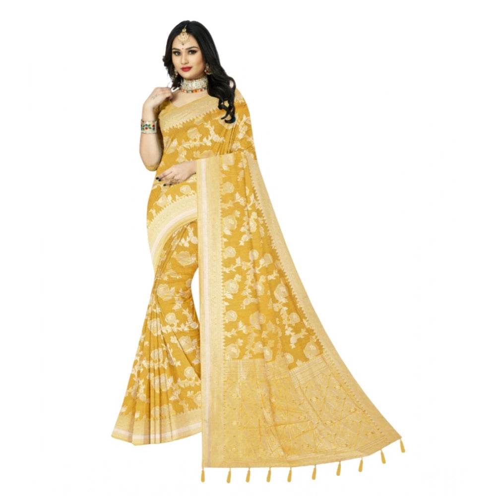 Generic Women's Cotton Printed Saree With Unstitched Blouse 5.5Mtr (Yellow) - MYLUXURY LANE ENTERPRISE