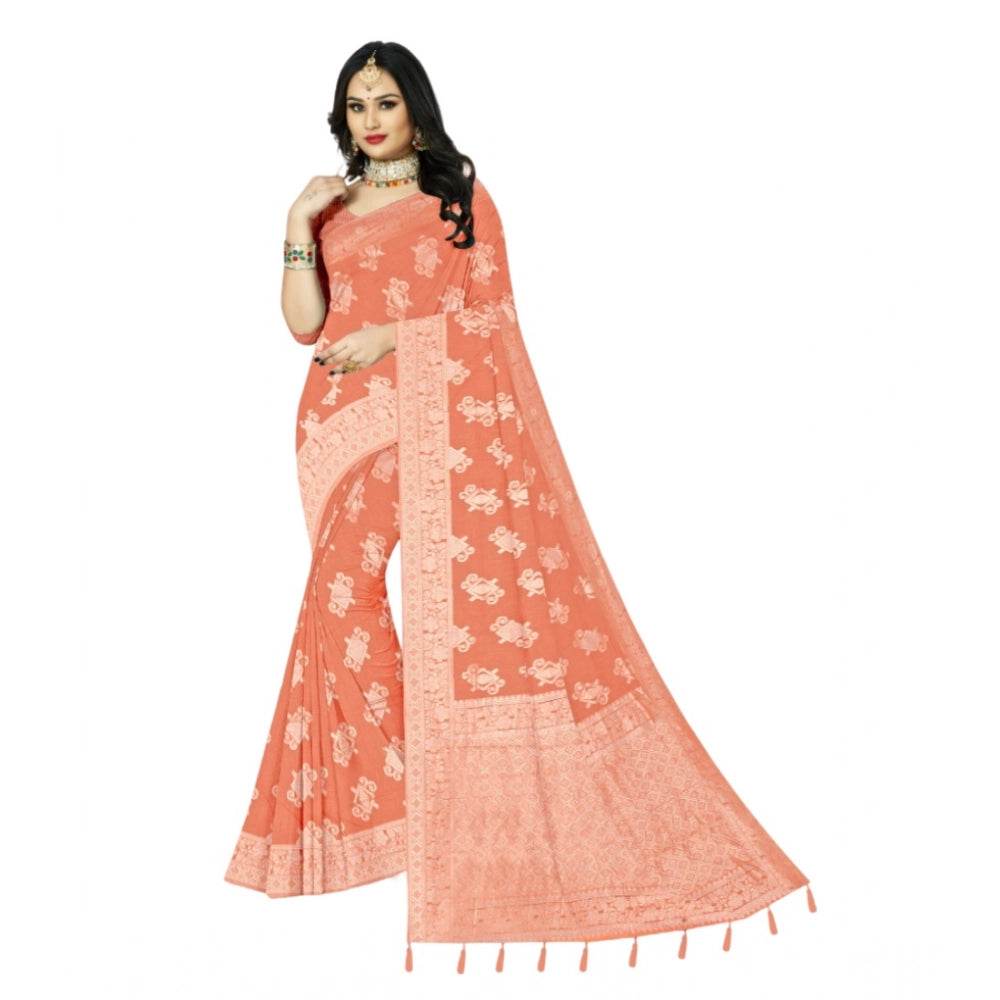 Generic Women's Cotton Printed Saree With Unstitched Blouse 5.5Mtr (Orange) - MYLUXURY LANE ENTERPRISE