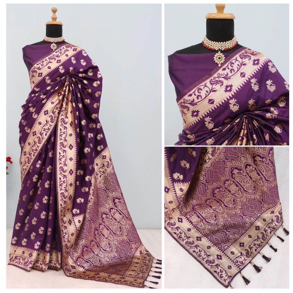 Generic Women's Satin Printed Saree With Unstitched Blouse 5.5Mtr (Purple) - MYLUXURY LANE ENTERPRISE
