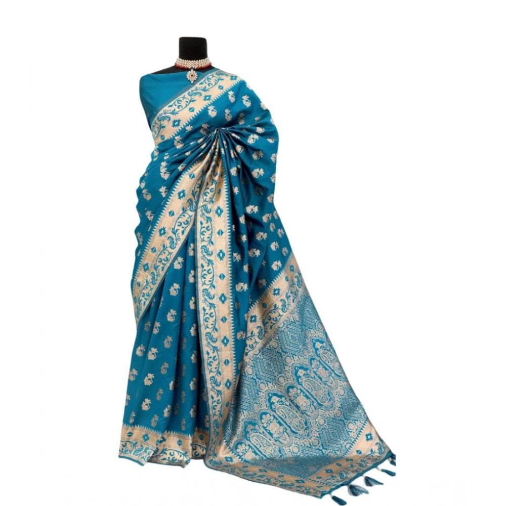 Generic Women's Satin Printed Saree With Unstitched Blouse 5.5Mtr (Aqua Blue) - MYLUXURY LANE ENTERPRISE