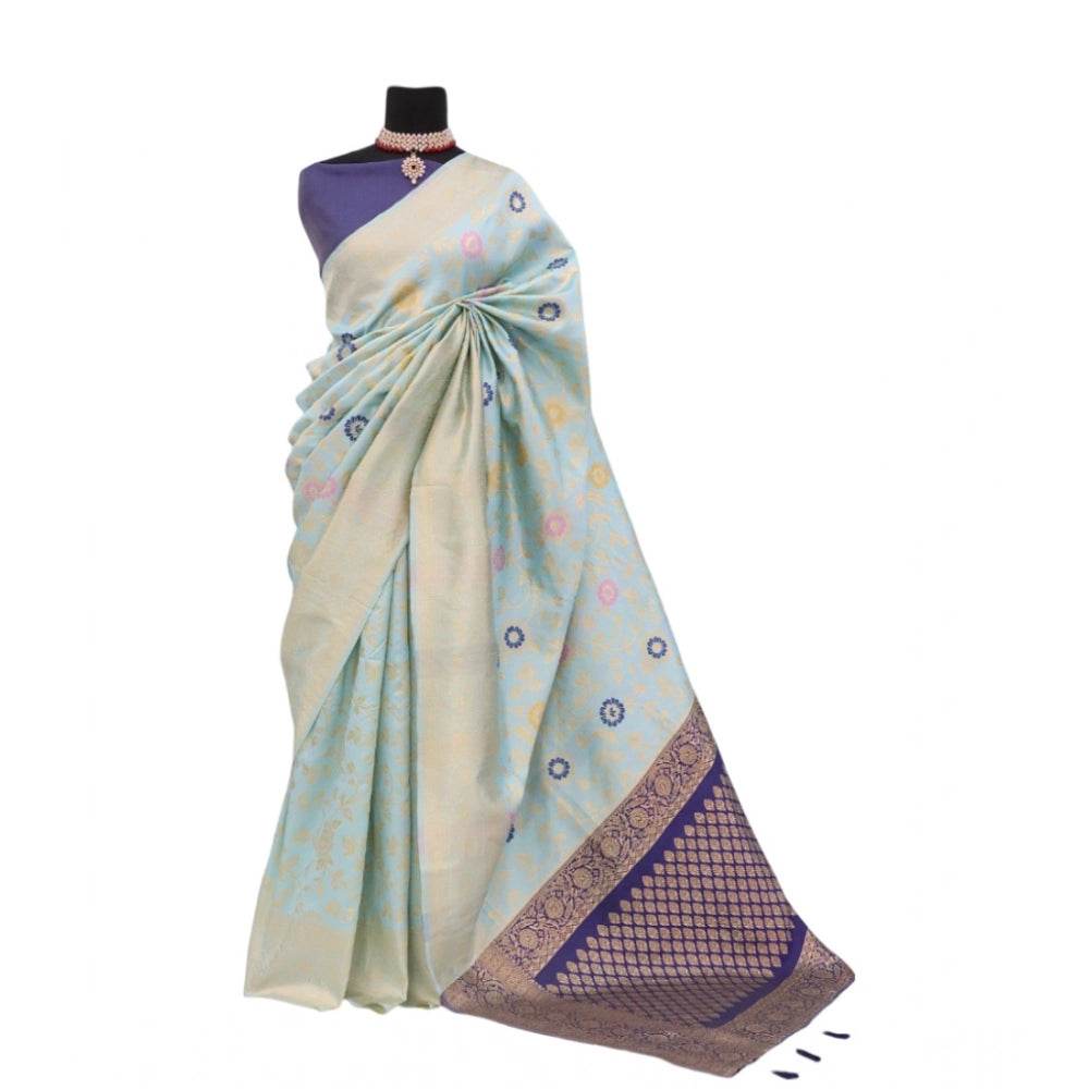 Generic Women's Banarasi Printed Saree With Unstitched Blouse 5.5Mtr (Firozi) - MYLUXURY LANE ENTERPRISE