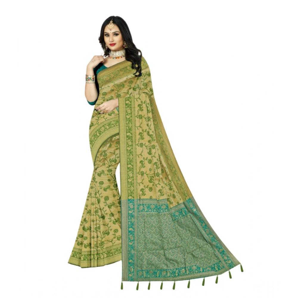 Generic Women's Banarasi Printed Saree With Unstitched Blouse 5.5Mtr (Green) - MYLUXURY LANE ENTERPRISE