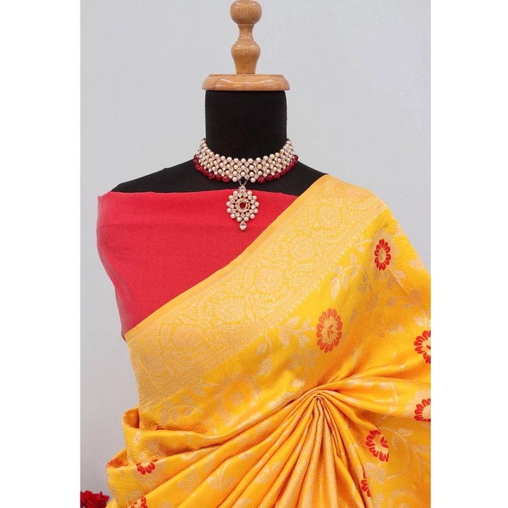 Generic Women's Banarasi Printed Saree With Unstitched Blouse 5.5Mtr (Yellow) - MYLUXURY LANE ENTERPRISE