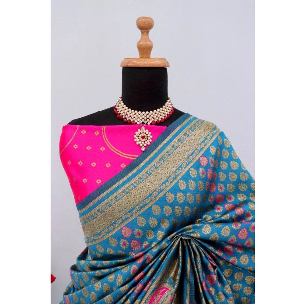 Generic Women's Banarasi Printed Saree With Unstitched Blouse 5.5Mtr (Aqua Blue) - MYLUXURY LANE ENTERPRISE