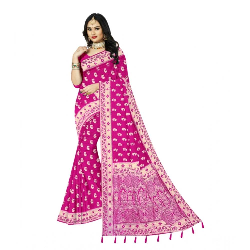 Generic Women's Satin Printed Saree With Unstitched Blouse 5.5Mtr (Rani) - MYLUXURY LANE ENTERPRISE