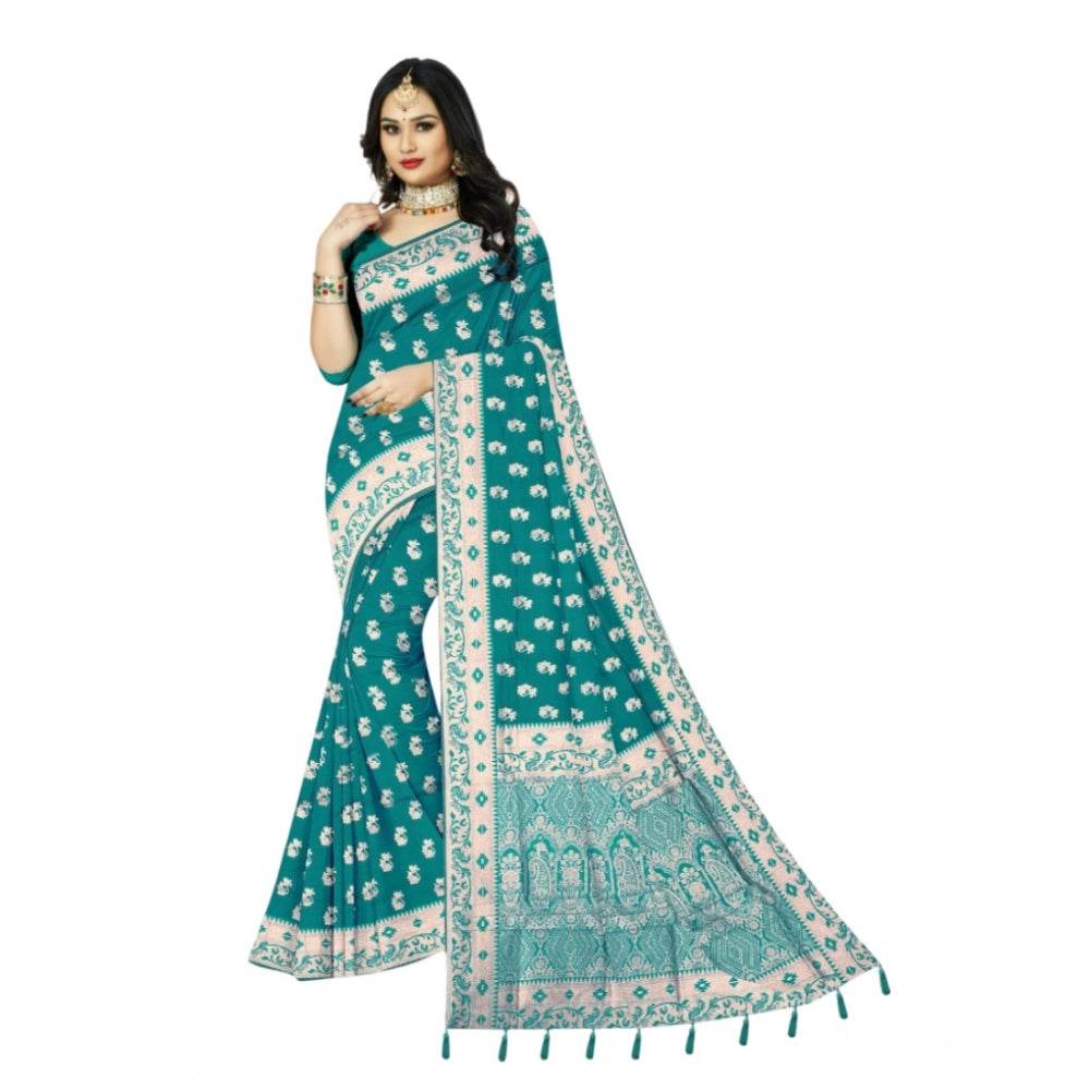 Generic Women's Satin Printed Saree With Unstitched Blouse 5.5Mtr (Rama) - MYLUXURY LANE ENTERPRISE