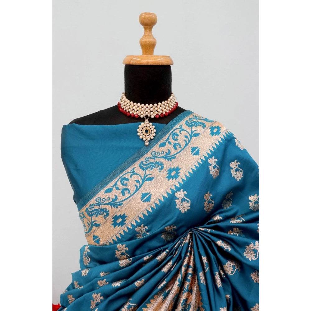 Generic Women's Satin Printed Saree With Unstitched Blouse 5.5Mtr (Aqua Blue) - MYLUXURY LANE ENTERPRISE