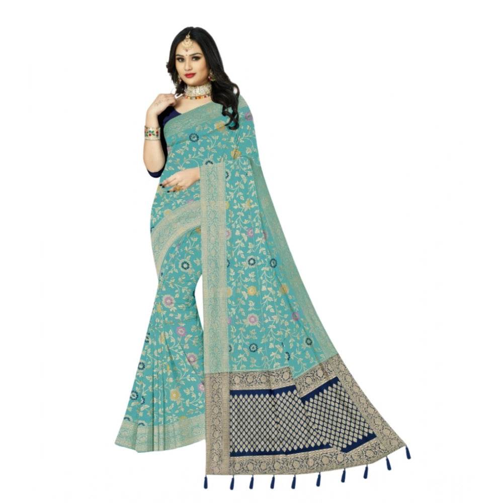 Generic Women's Banarasi Printed Saree With Unstitched Blouse 5.5Mtr (Firozi) - MYLUXURY LANE ENTERPRISE