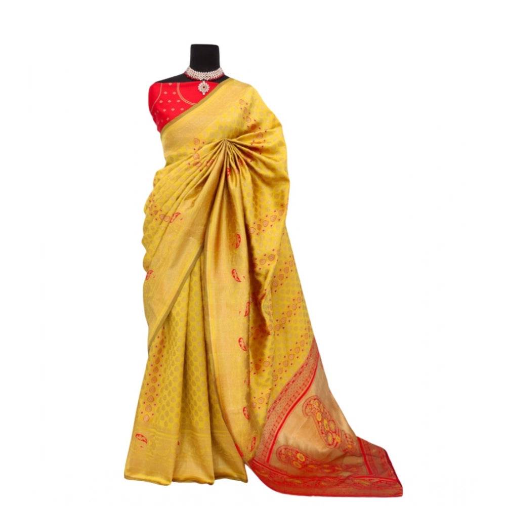 Generic Women's Banarasi Printed Saree With Unstitched Blouse 5.5Mtr (Yellow) - MYLUXURY LANE ENTERPRISE