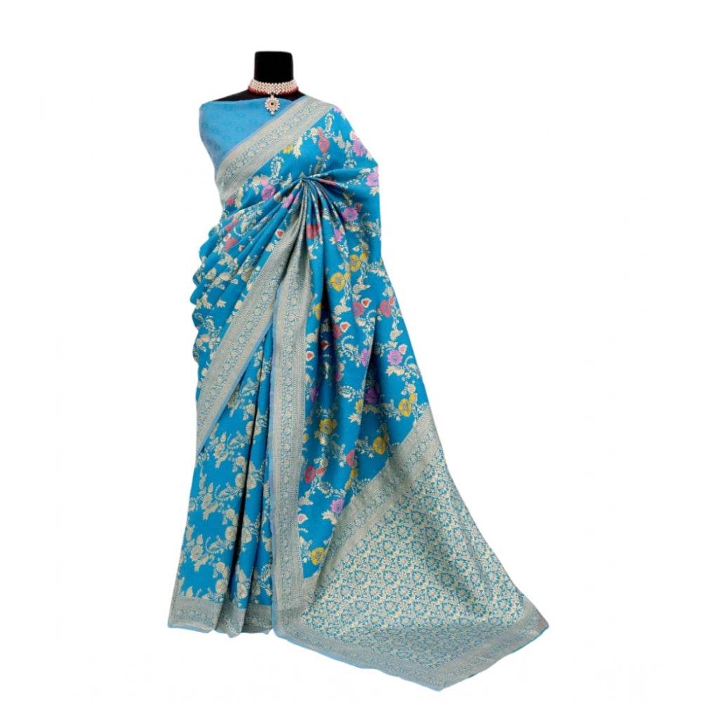 Generic Women's Banarasi Printed Saree With Unstitched Blouse 5.5Mtr (Aqua Blue) - MYLUXURY LANE ENTERPRISE