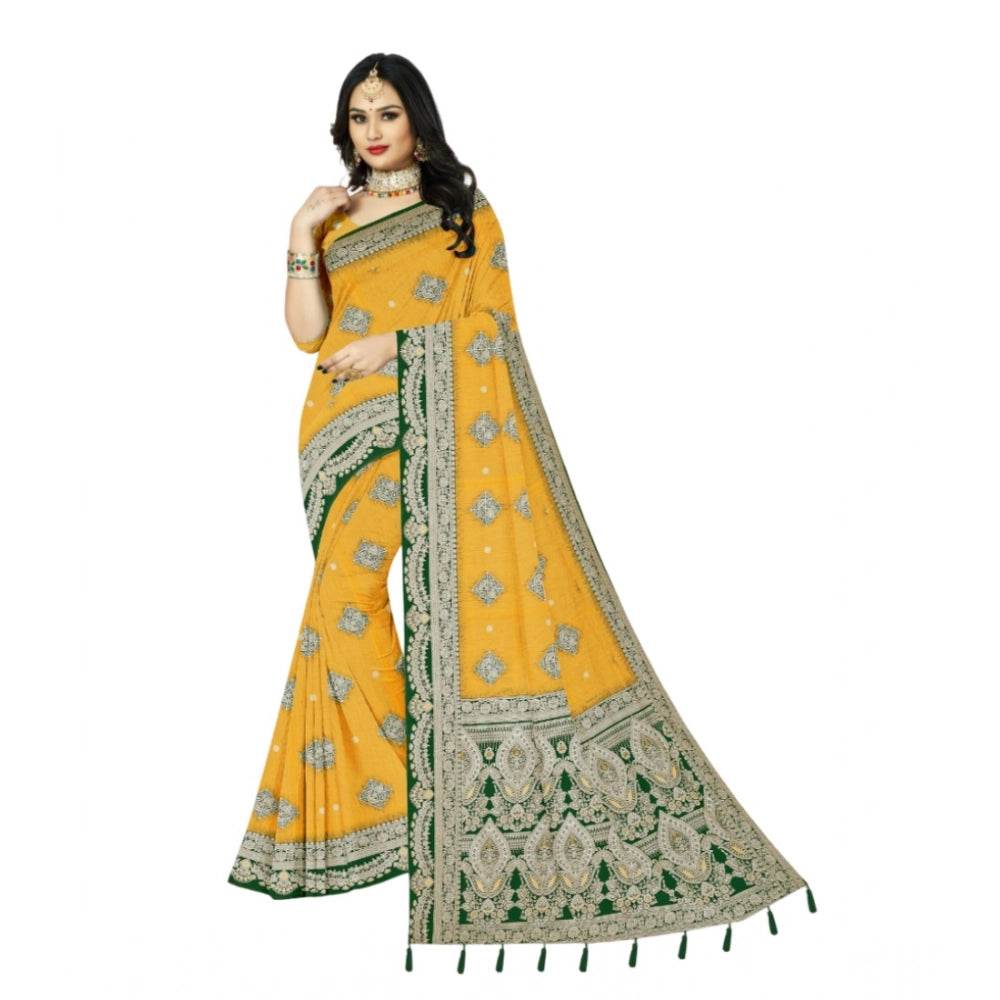 Generic Women's Cotton Printed Saree With Unstitched Blouse 5.5Mtr (Yellow) - MYLUXURY LANE ENTERPRISE