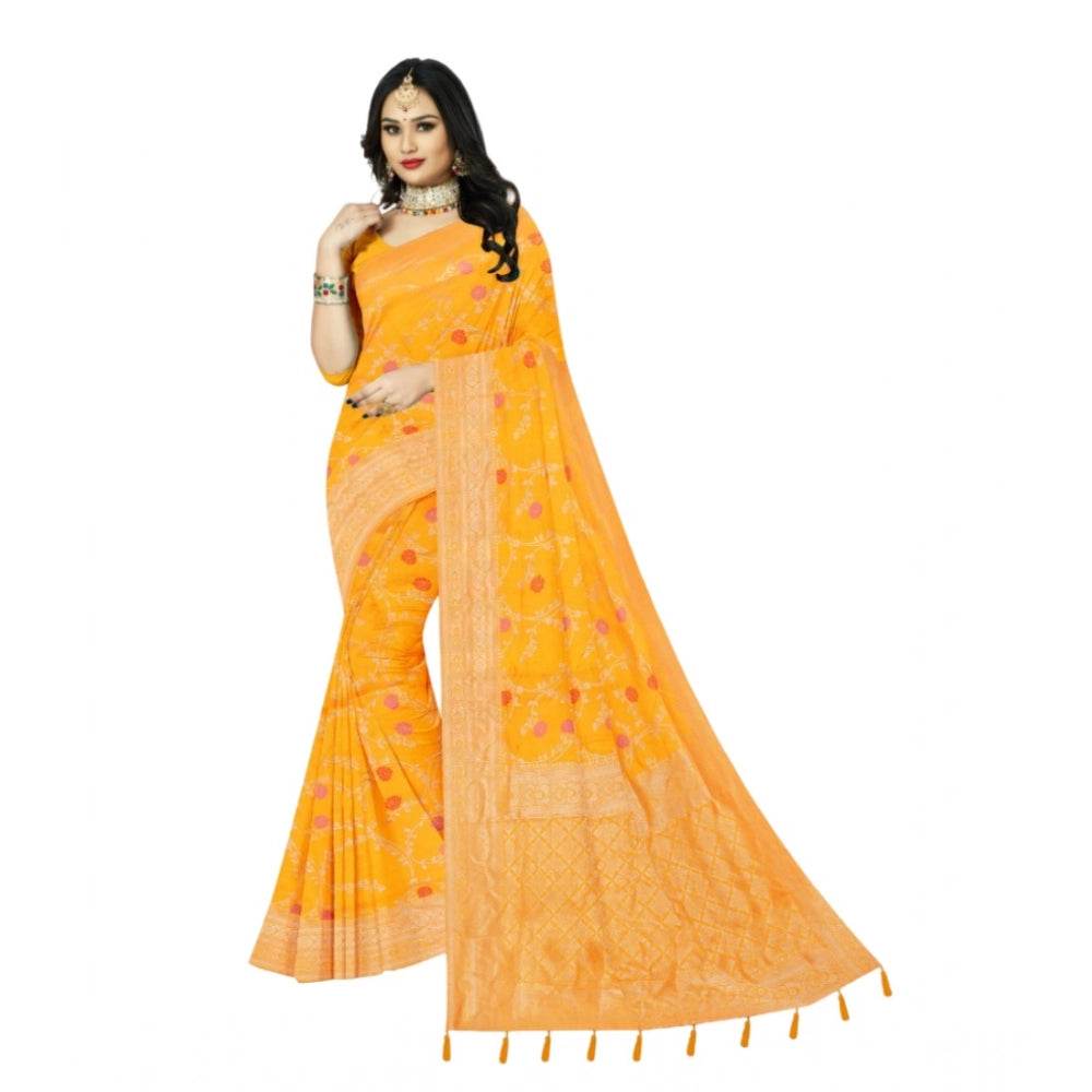 Generic Women's Banarasi Printed Saree With Unstitched Blouse 5.5Mtr (Yellow) - MYLUXURY LANE ENTERPRISE