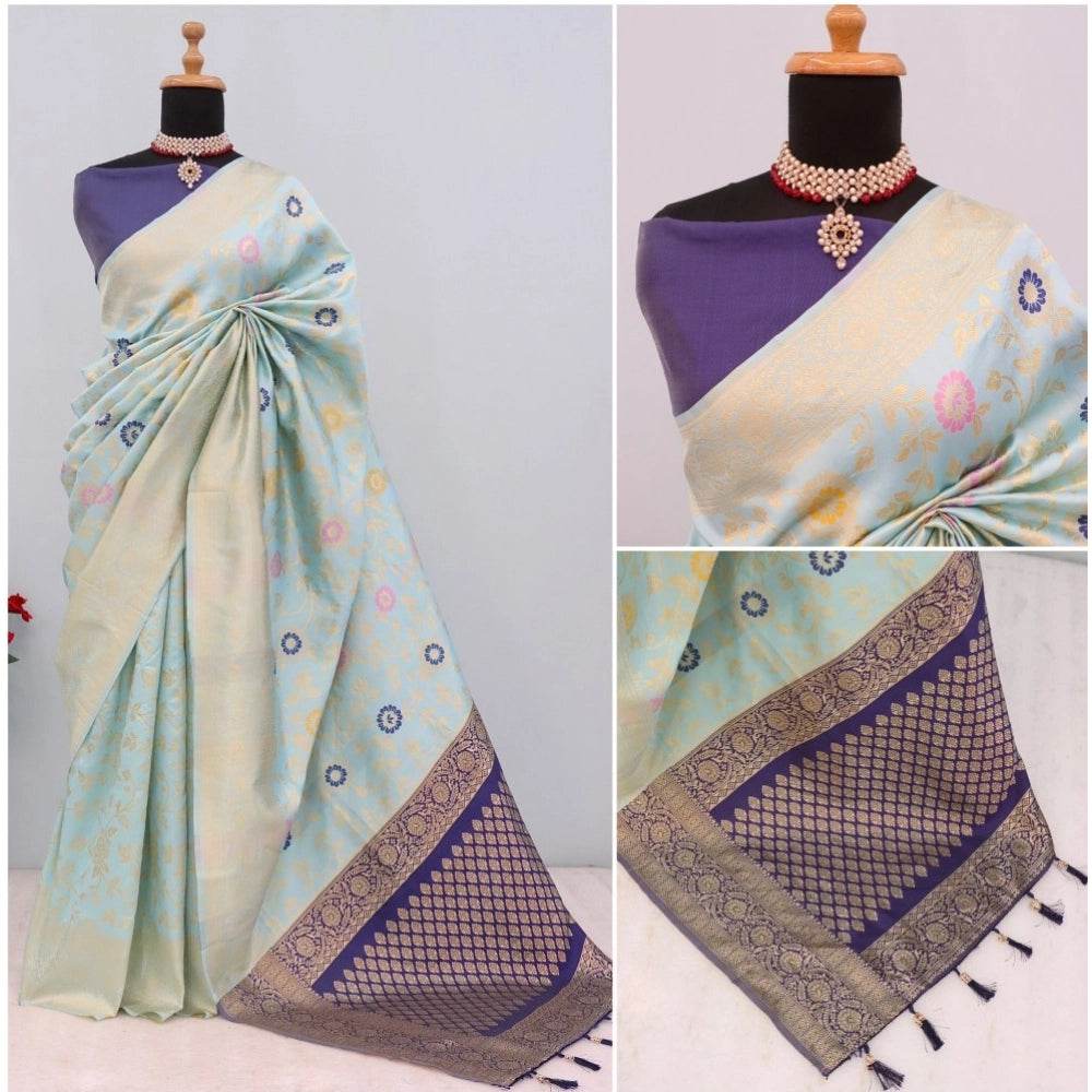 Generic Women's Banarasi Printed Saree With Unstitched Blouse 5.5Mtr (Firozi) - MYLUXURY LANE ENTERPRISE