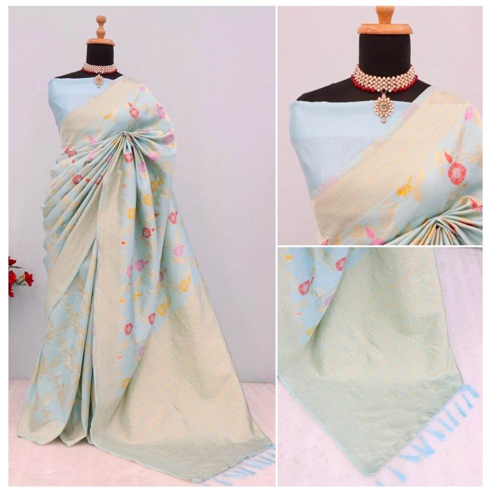 Generic Women's Banarasi Printed Saree With Unstitched Blouse 5.5Mtr (Firozi) - MYLUXURY LANE ENTERPRISE