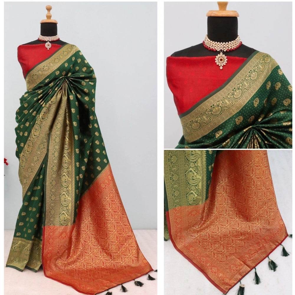 Generic Women's Banarasi Printed Saree With Unstitched Blouse 5.5Mtr (Green) - MYLUXURY LANE ENTERPRISE