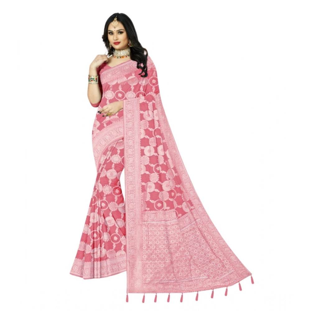 Generic Women's Cotton Printed Saree With Unstitched Blouse 5.5Mtr (Peach) - MYLUXURY LANE ENTERPRISE